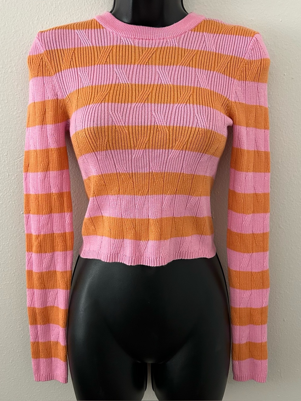 Forever 21 Pink Orange Striped Cable Knit Crew Neck Sweater Women’s S Y2K Preppy